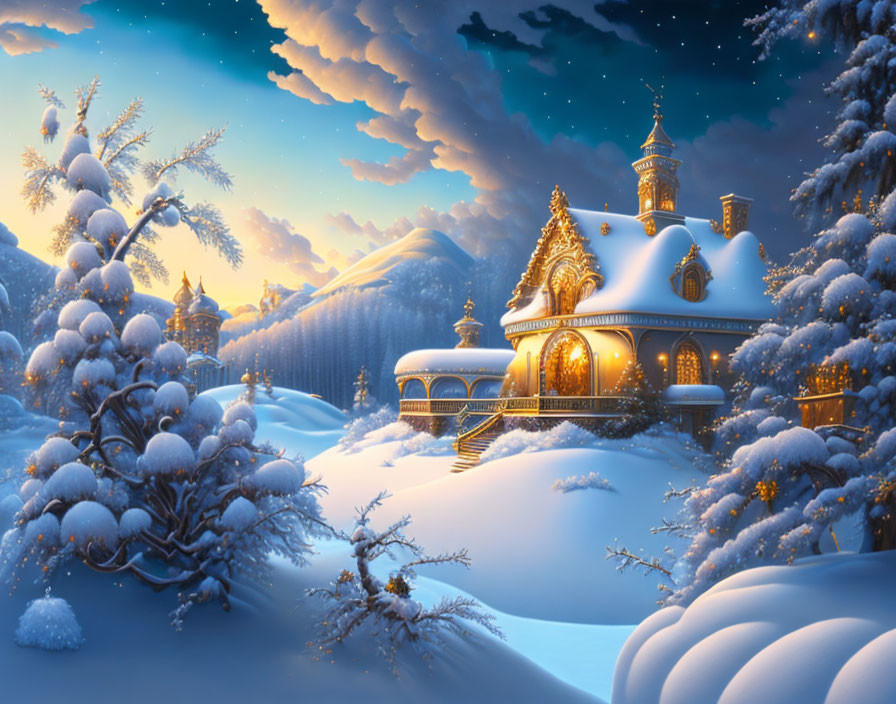 Snowy landscape with cozy cottage and frosted trees at twilight