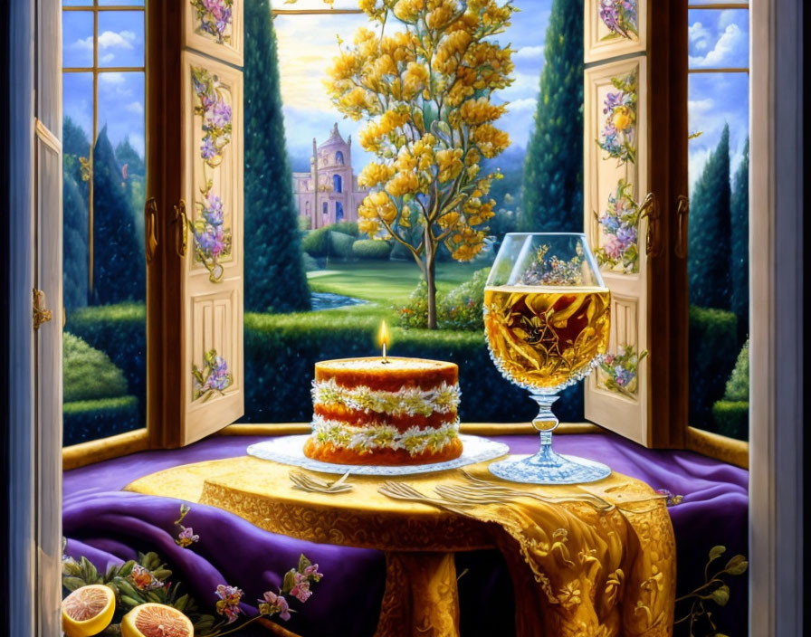 Luxurious room with garden view, birthday cake, and glass of amber liquid