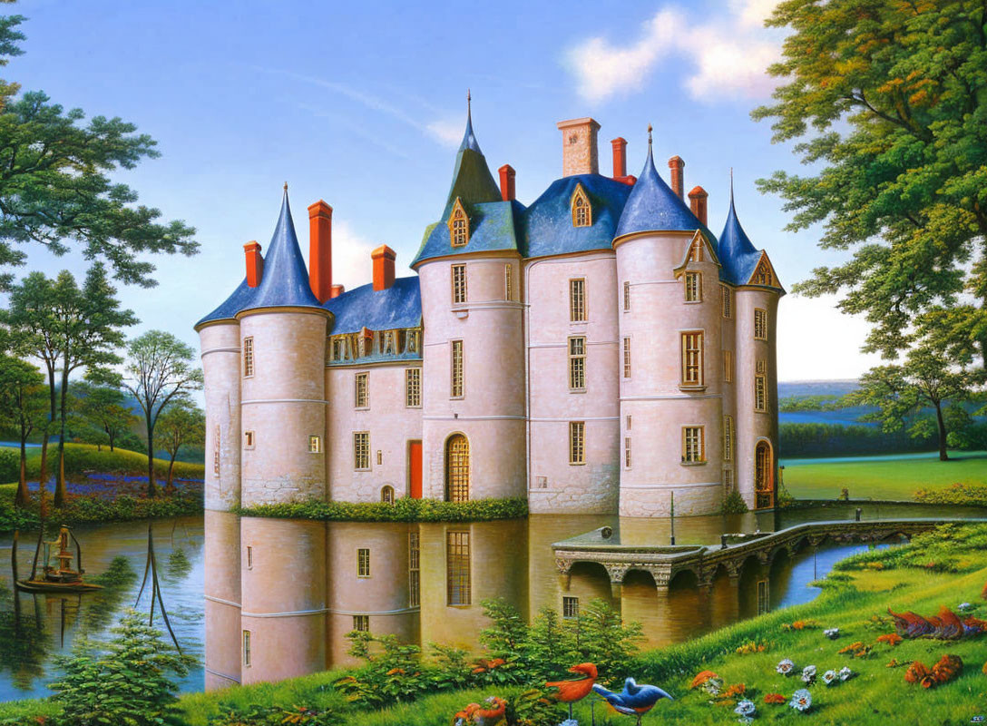 Classic Fairytale Castle Painting with Reflective Moat & Serene Greenery