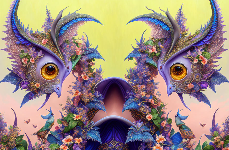 Symmetrical digital artwork of fantastical creatures with florals and feathers