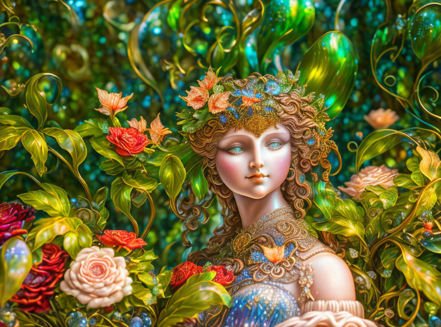 Detailed artwork of woman with floral headdress in lush garden.