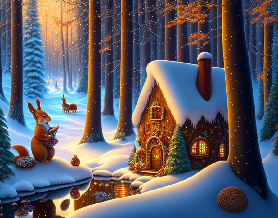 Snow-covered winter forest scene with cozy cottage, squirrel, and deer.