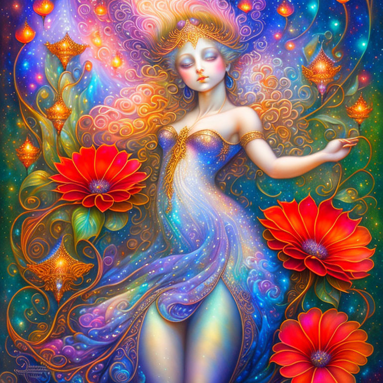 Illustration of ethereal woman in starry gown with red flowers and glowing patterns