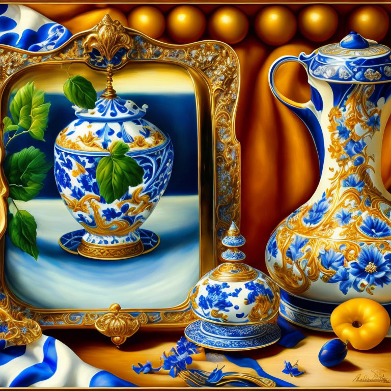 Ornate Blue and White Porcelain Vessels with Draped Fabric and Flower Petals