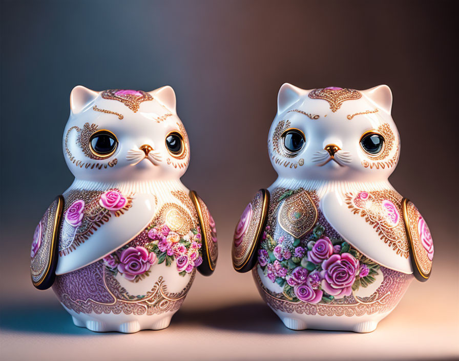 Ornate Ceramic Cat Figurines with Floral Patterns on Gradient Background