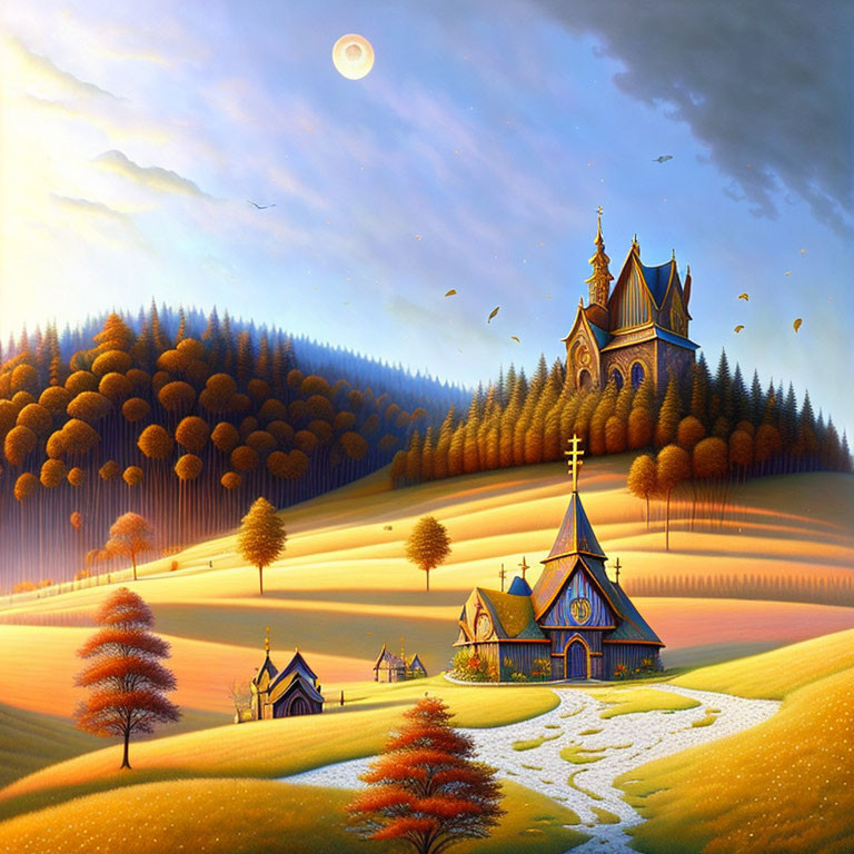 Whimsical castle in idyllic autumn landscape with path and trees