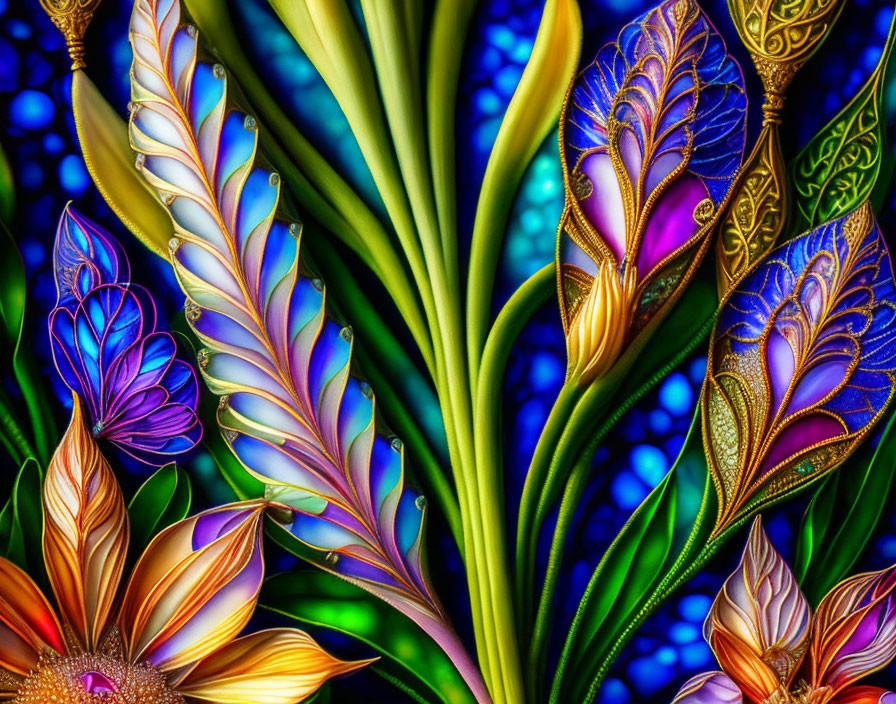 Colorful digital artwork featuring stylized flowers on mosaic blue background