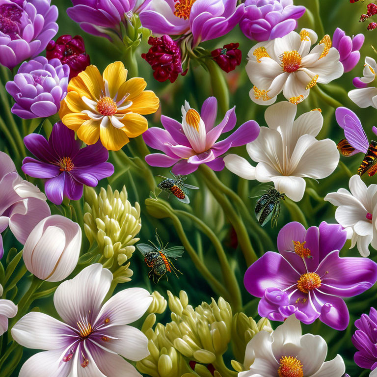 Colorful Bouquet of Purple, White, Yellow, and Pink Flowers with Bees