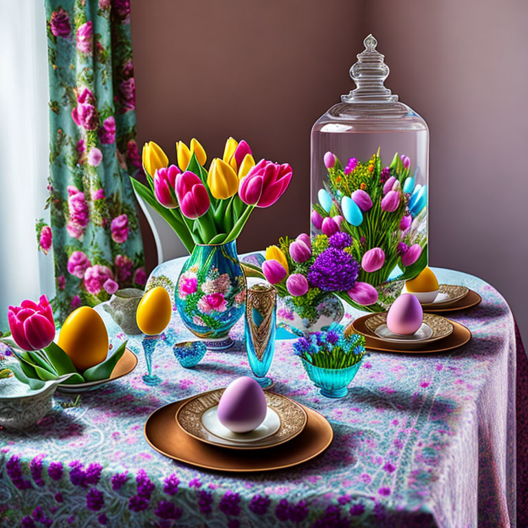 Colorful Easter Table Setting with Tulips, Eggs, and Candy Jar