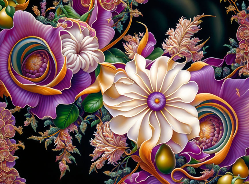 Detailed digital artwork of intricate purple and white fantasy flowers with golden accents