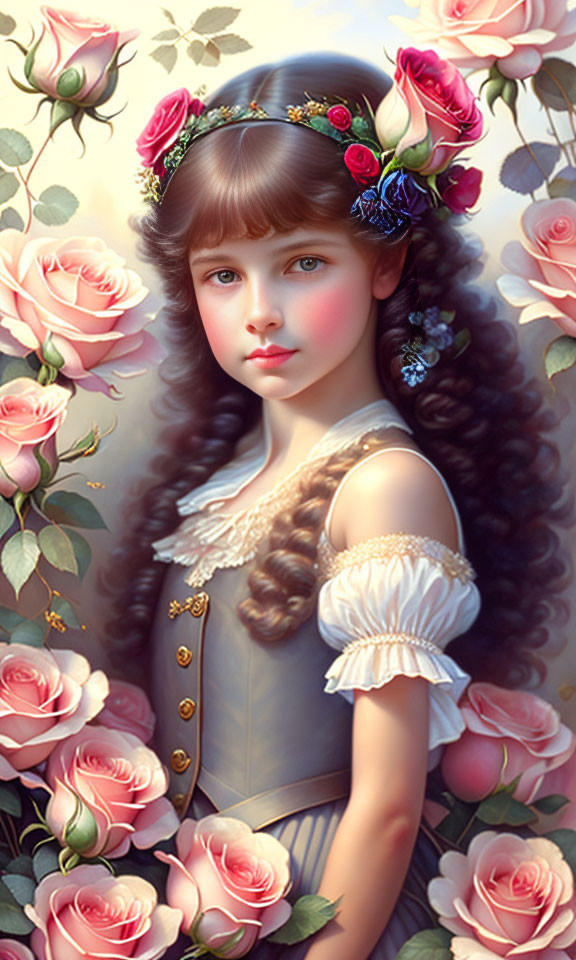 Young girl digital art portrait with floral headband and pink roses in soft ambiance