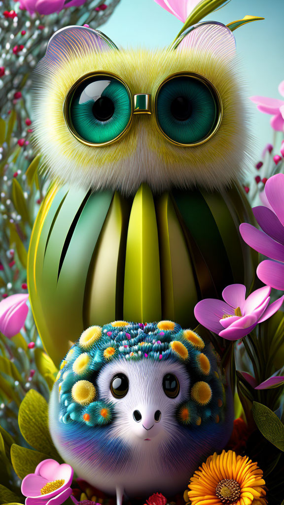 Colorful digital artwork featuring stylized owl and hedgehog in vibrant garden