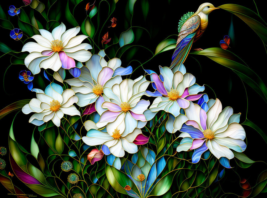 Colorful digital artwork: white flowers, greenery, peacock with intricate feathers on dark background