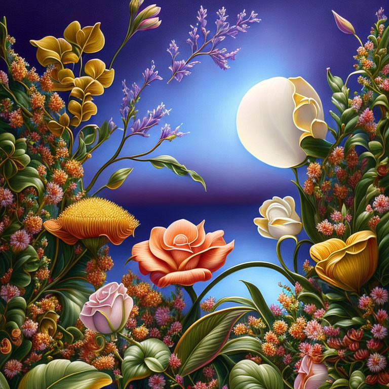 Colorful floral painting with full moon and roses & daisies on mystical blue backdrop