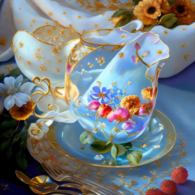 Translucent tea cup with gold accents, floral design, gold spoon, raspberries, blue fabric