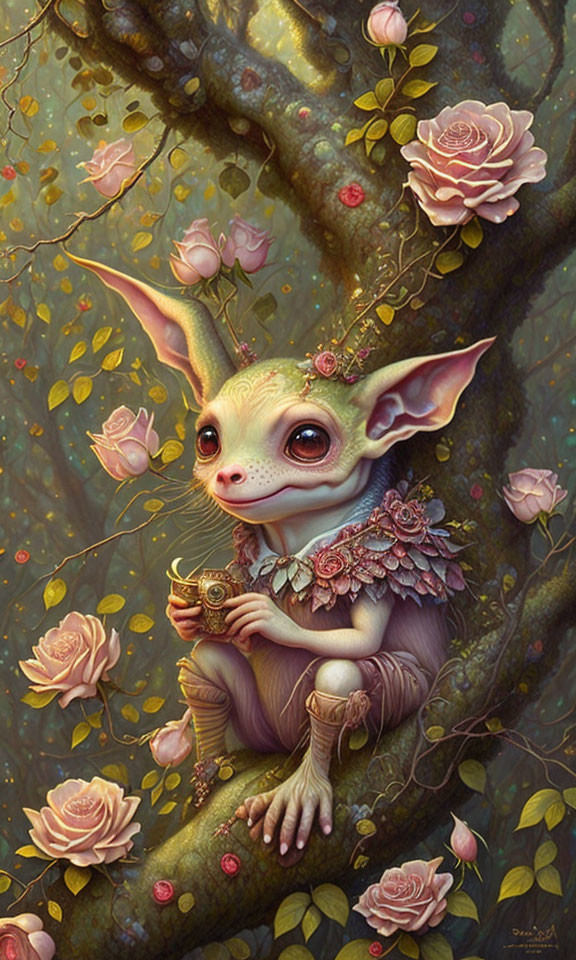 Illustrated creature with large ears and eyes holding a cup in tree surrounded by pink roses and lush leaves