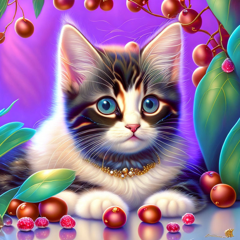 Illustrated kitten with blue eyes, gold necklace, cherries, and leaves on purple background