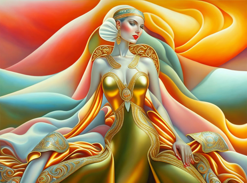 Stylized illustration of woman in golden gown amid vibrant colors