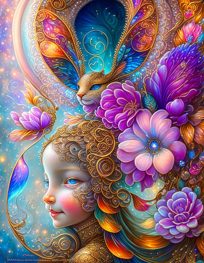 Vibrant Digital Art: Whimsical Girl & Mystical Creature in Luminous Setting