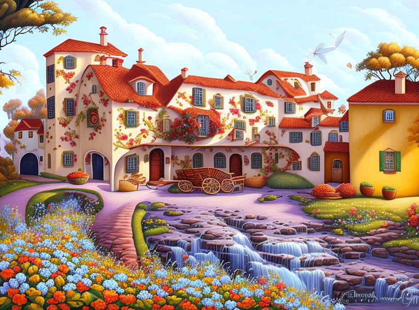 Colorful painting of floral-patterned village with cobblestone bridge