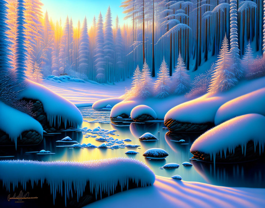 Snow-covered trees and river in serene winter landscape