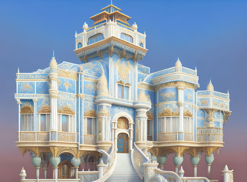 Fantasy-style palace with intricate balconies and towers