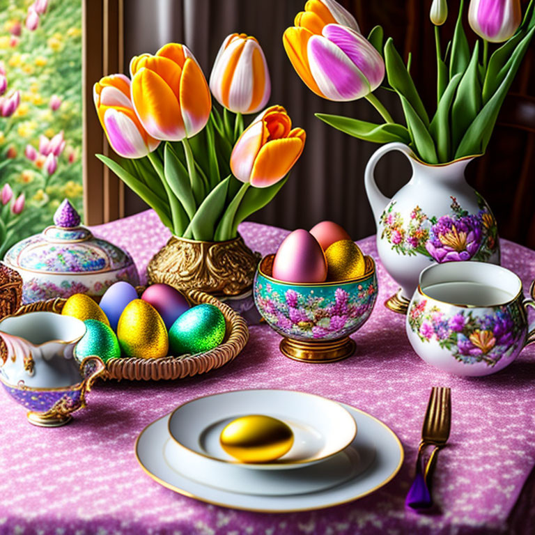 Colorful Easter table setting with decorated eggs, tulips, fine china, and floral patterns on purple