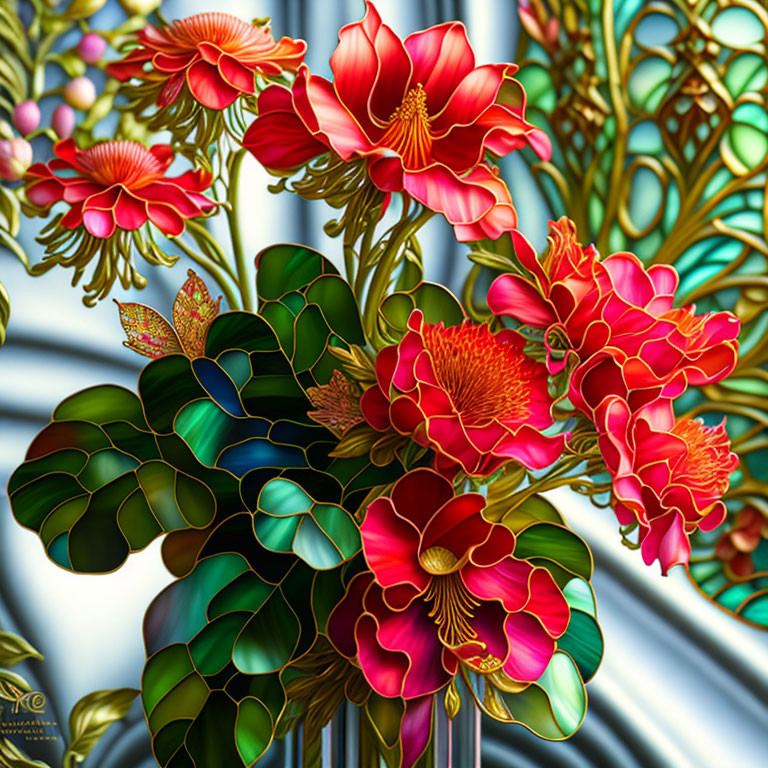 Colorful digital artwork: Red flowers on geometric stained glass background
