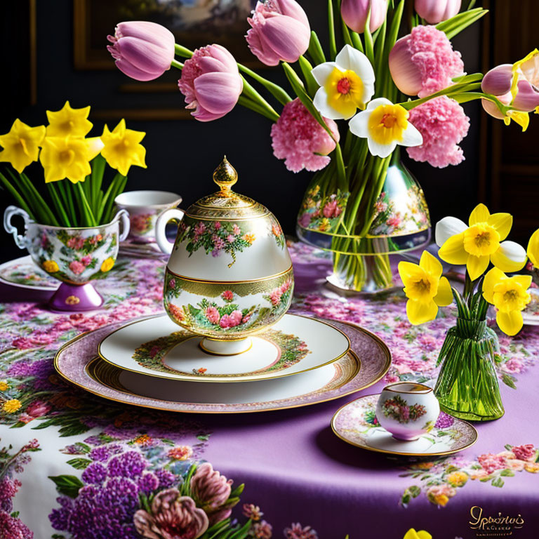 Patterned Table Setting with Golden-trimmed Porcelain Egg and Fresh Flowers