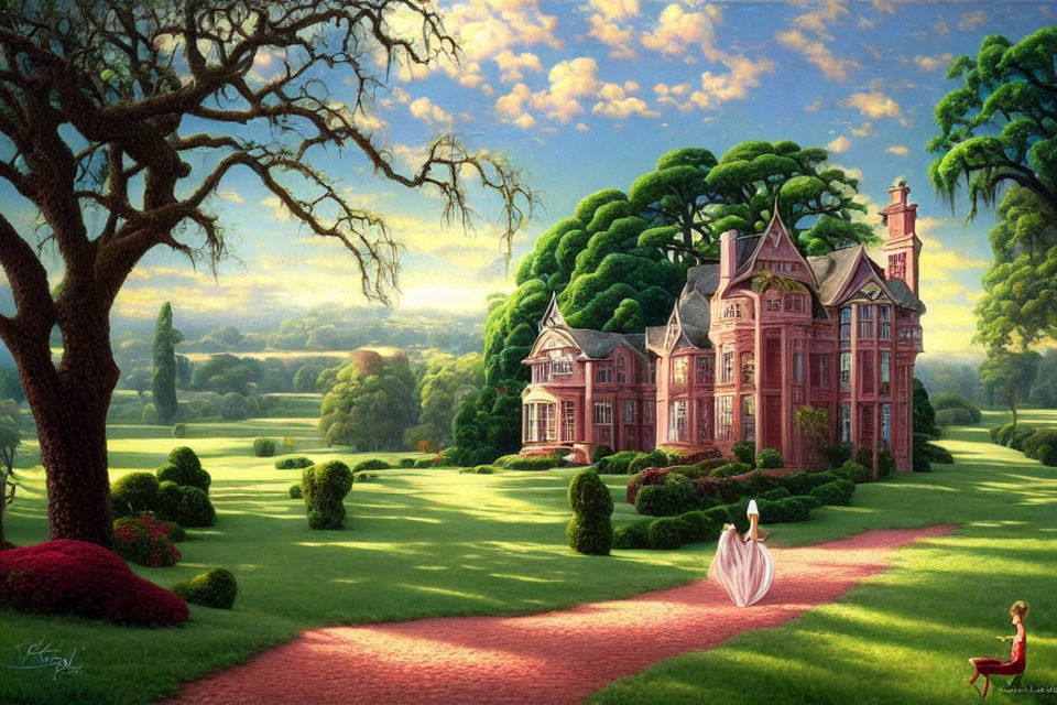 Woman in long dress walking to Victorian mansion in lush garden