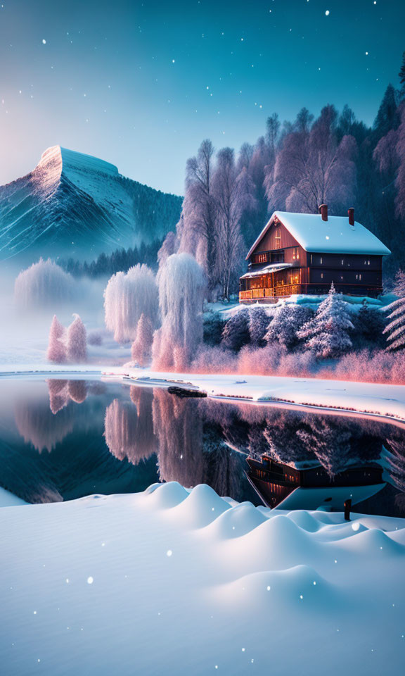 Snowy Winter Cabin by Still Lake at Dusk