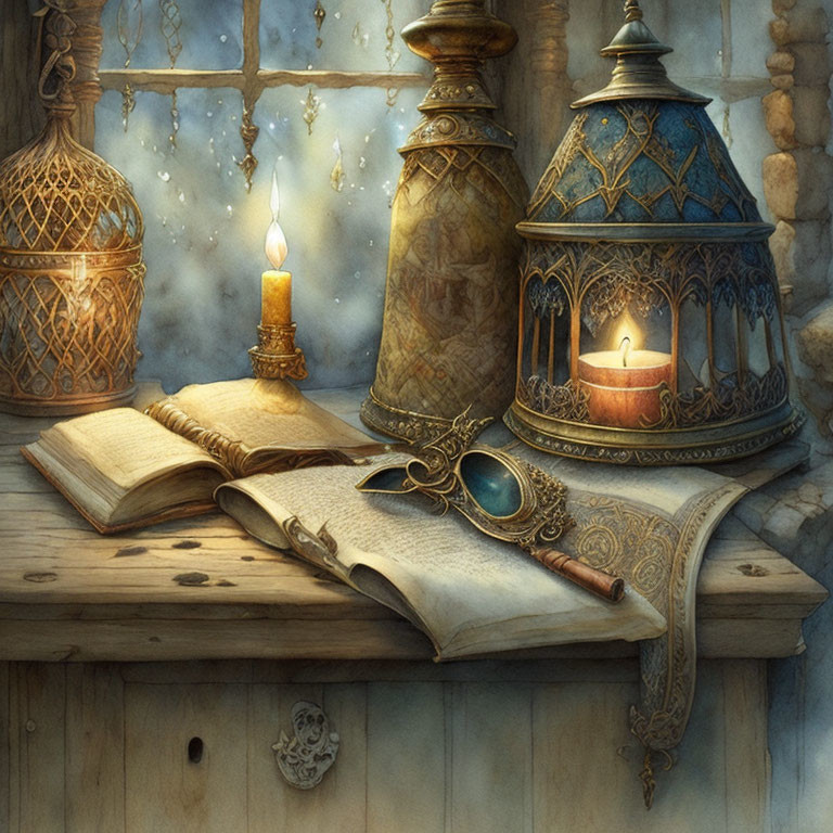 Cozy book and candle scene with lanterns on wooden table