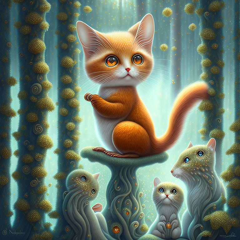 Orange Kitten on Blue Tree with Mystical Creatures and Glowing Orbs