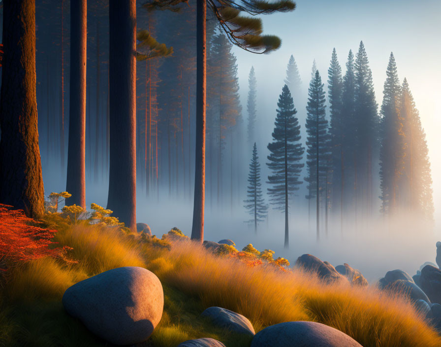 Sunlit Misty Forest with Vibrant Colors