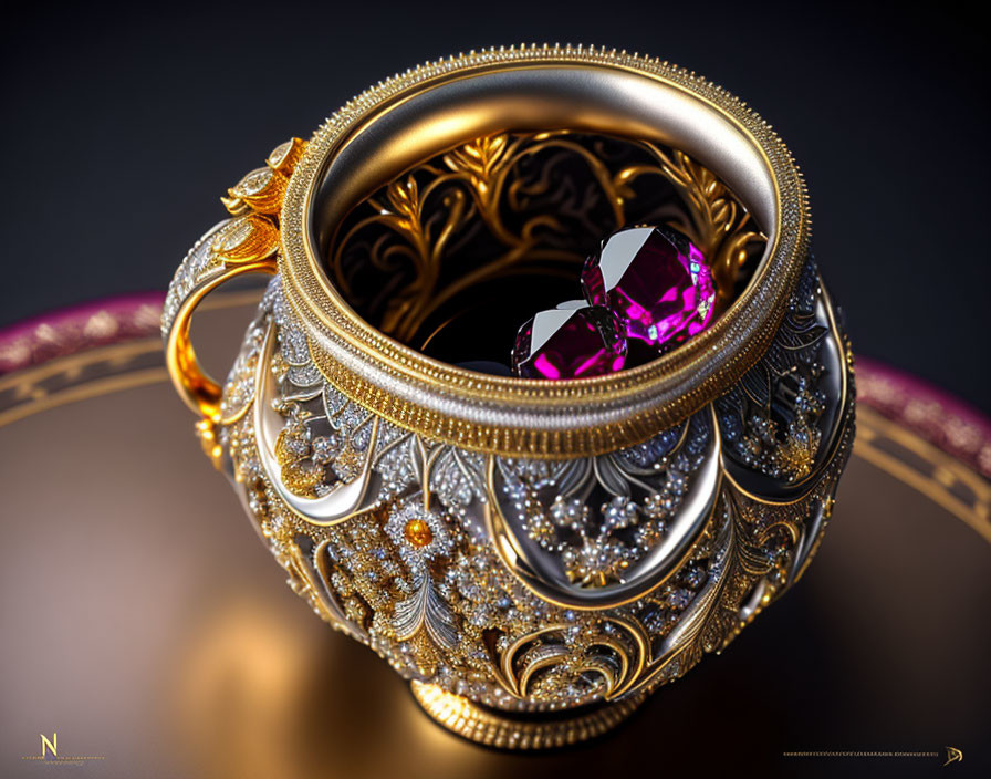 Golden Jewelry Box with Filigree Design and Purple Gems