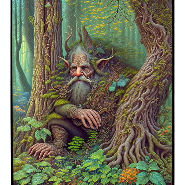 Elderly whimsical tree spirit in vibrant forest scene