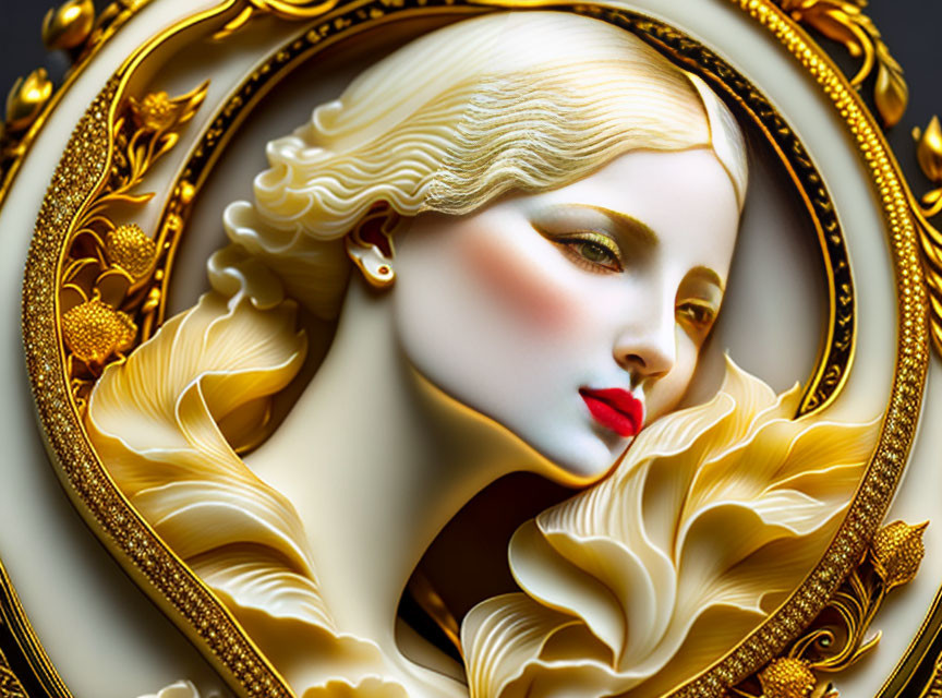 Stylized ornate illustration of woman with red lips and golden hair