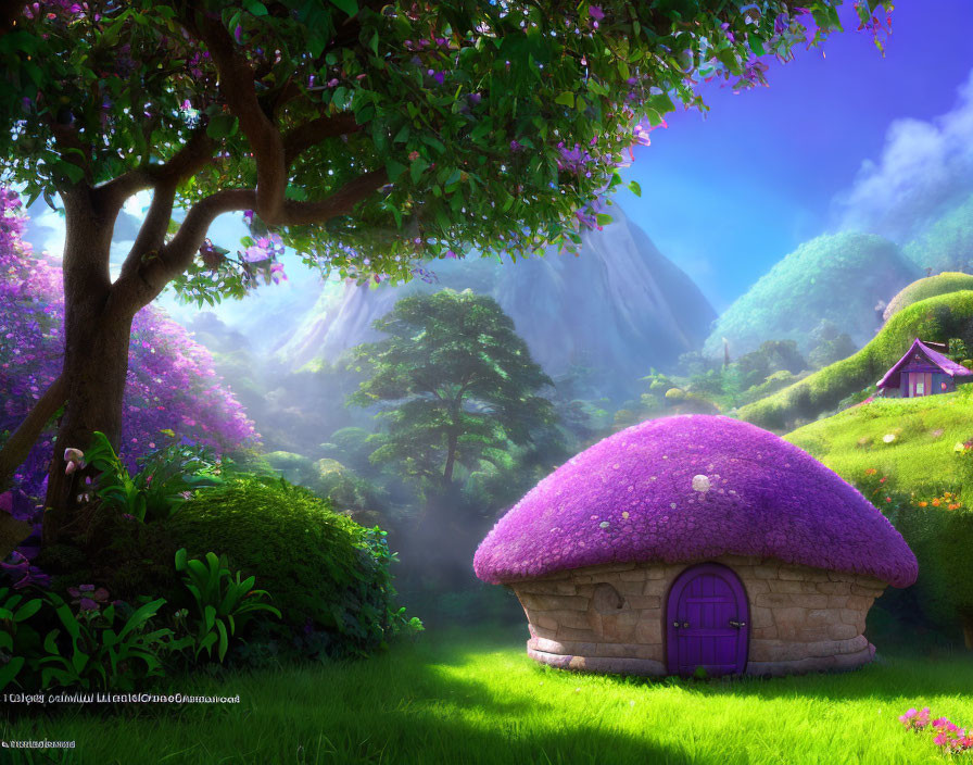 Digital artwork of vibrant landscape with fantasy cottages and misty mountains