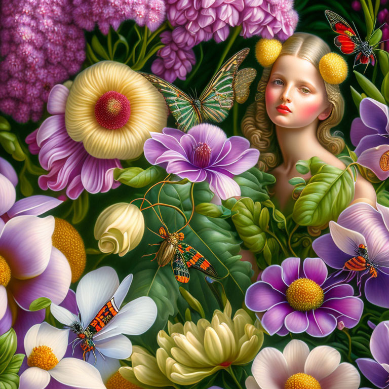 Colorful Artwork: Girl with Flowers and Butterflies in Surreal Setting