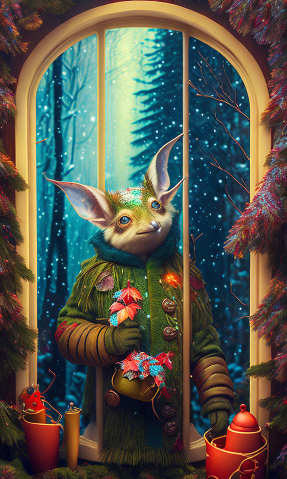 Furry creature in green sweater with poinsettia by snowy forest view