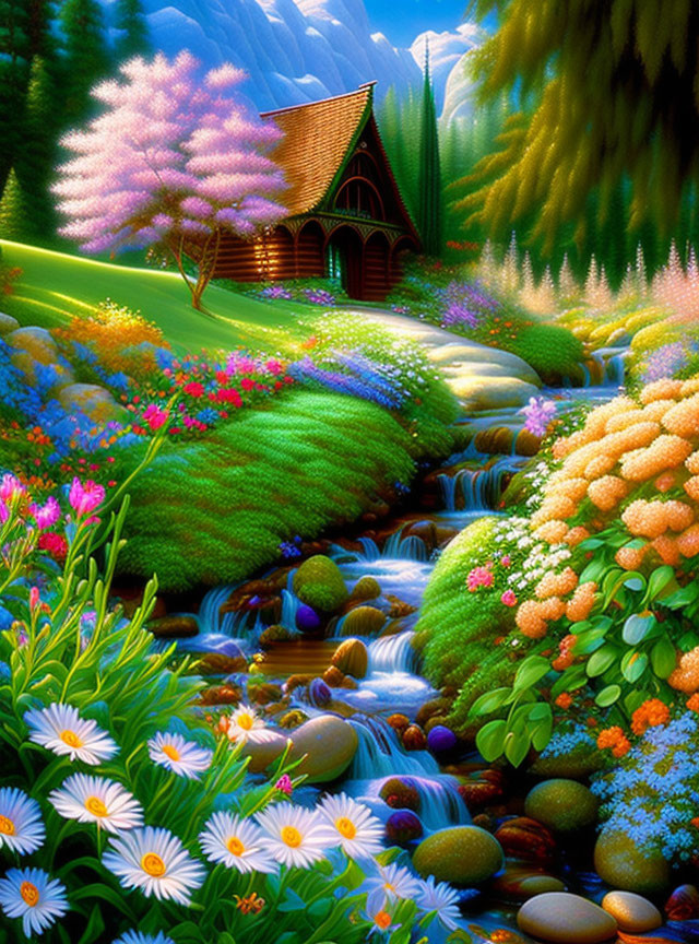 Colorful Illustration of Cabin by Stream and Flowers