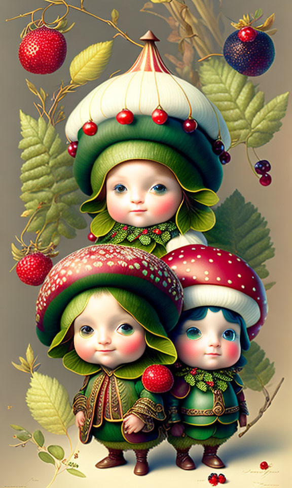 Whimsical stacked characters with mushroom-cap hats on leafy backdrop