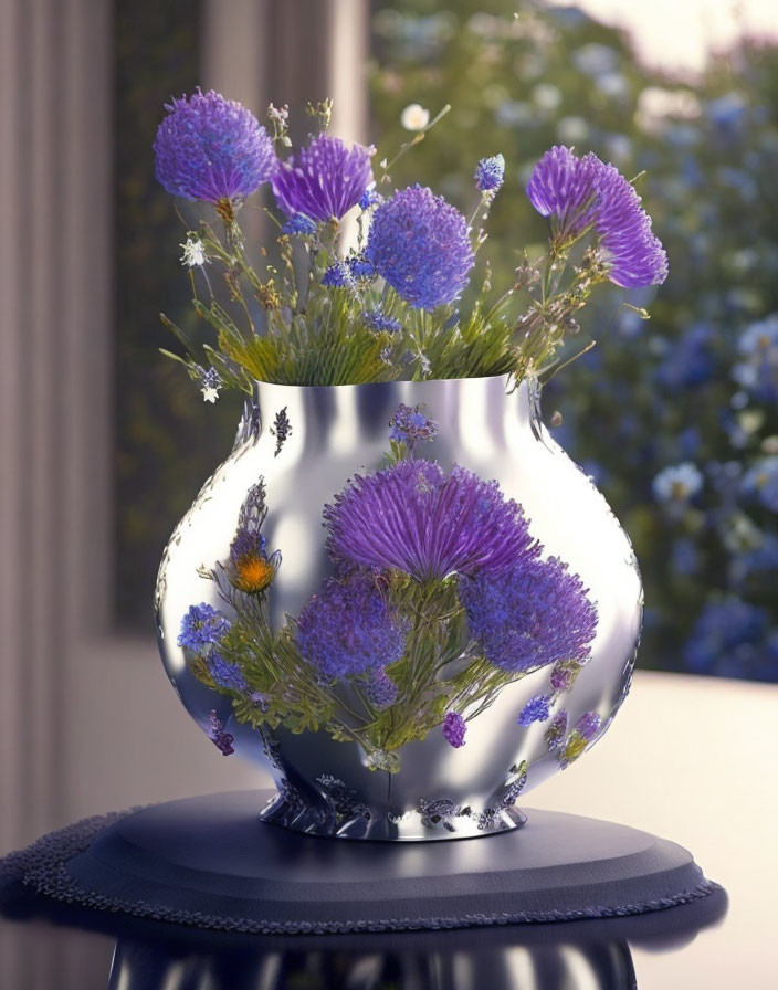 Decorative glass vase with painted flowers, purple and blue bouquet on table