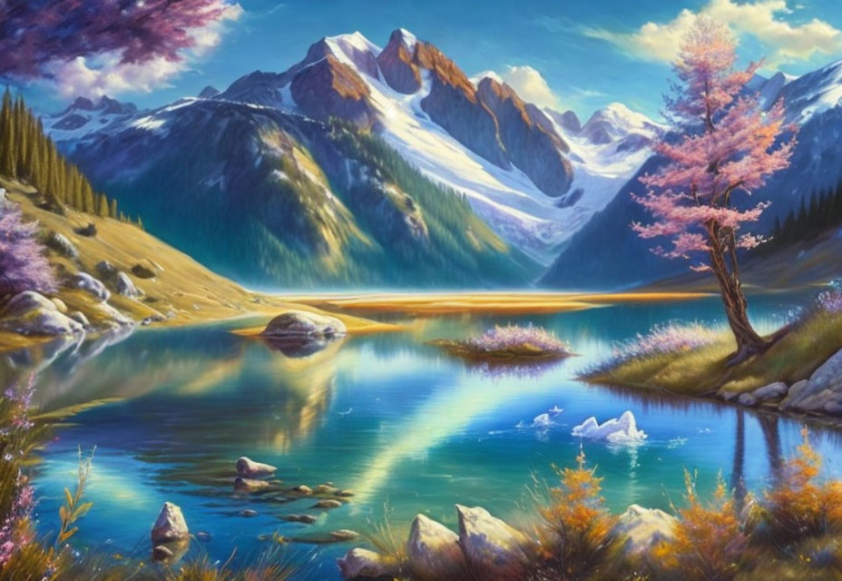 Tranquil mountain landscape with pink tree, lake, forests, snowy peaks