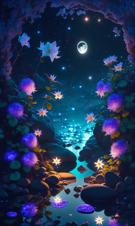 Night scene with glowing flowers and stones by tranquil river under starry sky