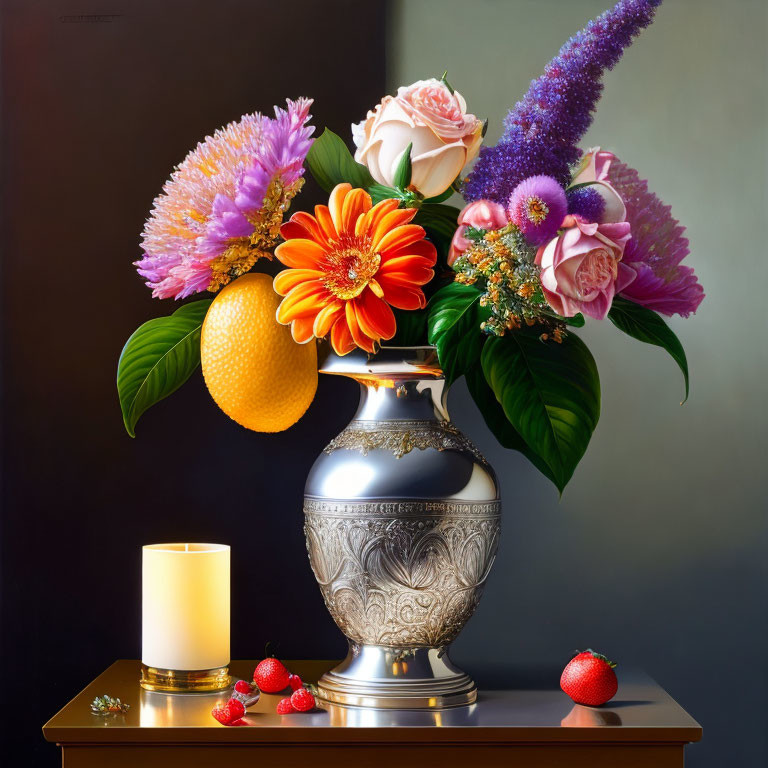 Colorful Still Life with Flowers, Candle, and Strawberries on Wooden Surface