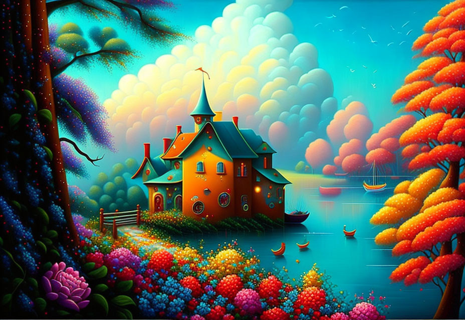 Colorful Illustration: Whimsical House by Lake with Fantastical Trees