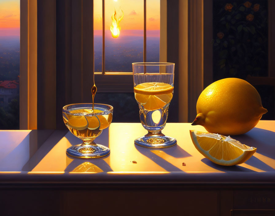 Two glasses of lemon-infused liquid at sunset windowsill with pouring stream, whole and sliced lemon.