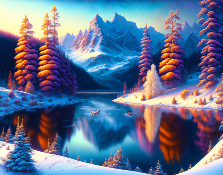 Tranquil snowy mountain landscape with starry sky and vibrant trees