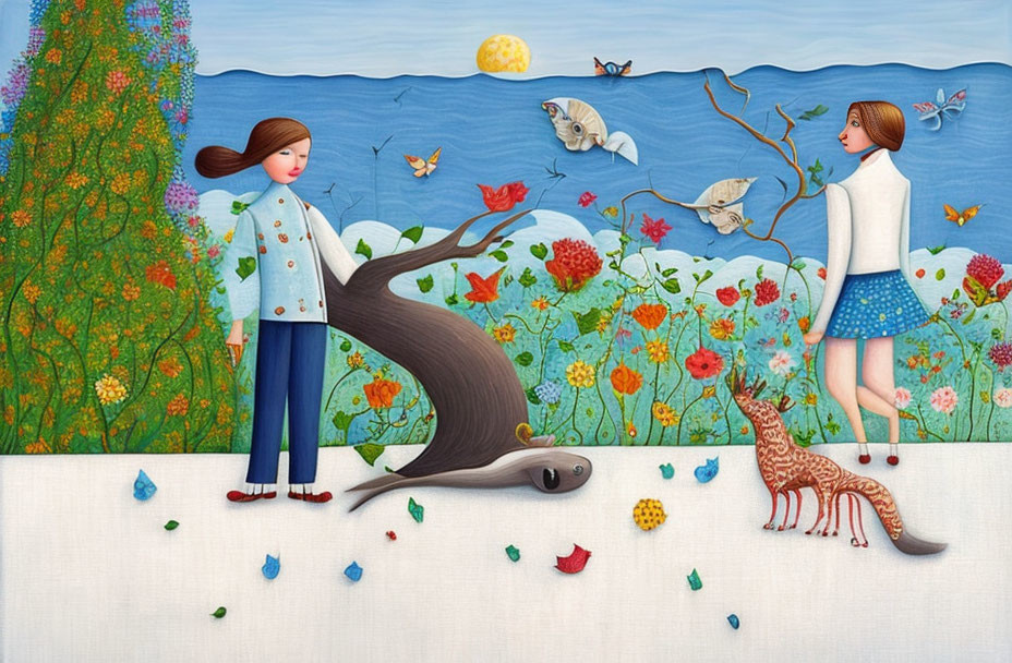 Stylized garden scene with animated characters and whimsical creatures
